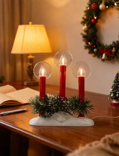 Christmas Window Candles Set - Red Electric Candle Lights with 3 Bulbs - Safe & Flicker-Free, Plug-In Holiday Decor