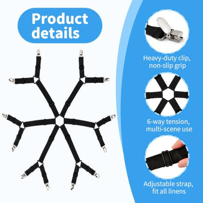 Adjustable Bed Sheet Fasteners - Elastic Mattress Corner Straps for All Mattress Sizes