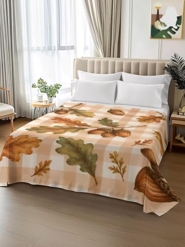 Queen Size Flat Sheet Only - Fall Oak Leaves & Acorns Microfiber Bedding, Beige Gingham Check, Amber Chestnut Variation