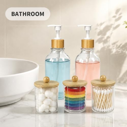 Bamboo Bathroom Organizer Set with Dispensers and Jars - Vanity Countertop Storage