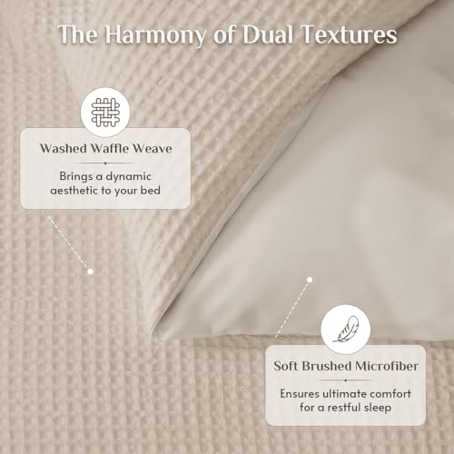 Queen Size Waffle Wave Duvet Cover Set - Beige, 3 Pieces, No Comforter