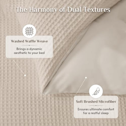 Queen Size Waffle Wave Duvet Cover Set - Beige, 3 Pieces, No Comforter