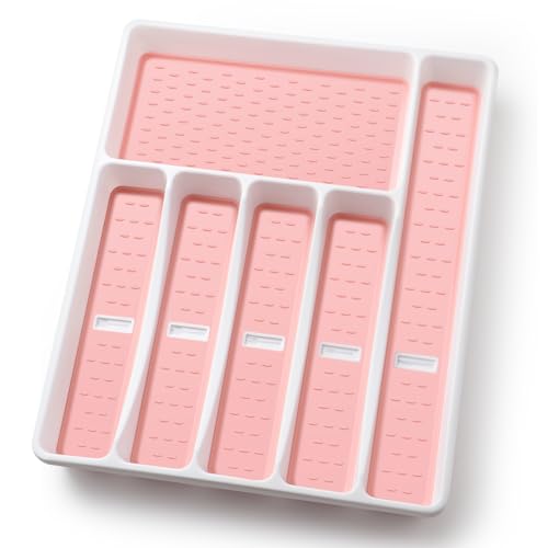 Silverware Organizer with Cutlery Icons，Silverware Tray for Kitchen Drawer，Plastic Flatware Tableware Silverware Drawer Organizer Utensil Organizer with Non-slip TPR Linings，6-Compartment，Pink