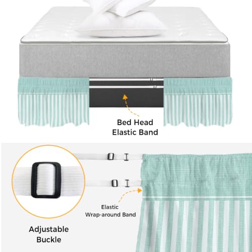 Queen Size Teal Green Striped Bed Skirt - 16 Inch Drop, Adjustable Elastic Dust Ruffle