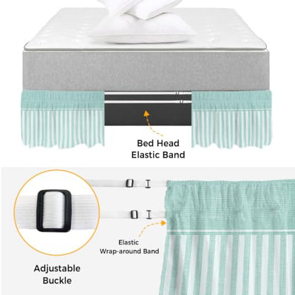 Queen Size Teal Green Striped Bed Skirt - 16 Inch Drop, Adjustable Elastic Dust Ruffle
