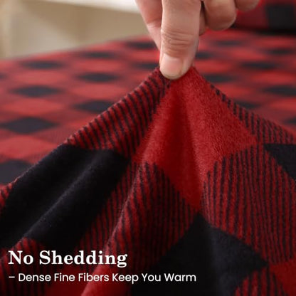 Rdbbuch Queen Plush Micro Fleece Buffalo Plaid Bed Sheet Set - Holiday Winter Flannel, Deep Pocket