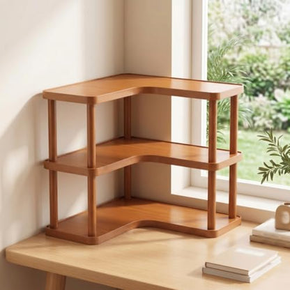 Three Tier Bamboo Corner Desk Organizer - L Shaped Wall Mount Storage Rack