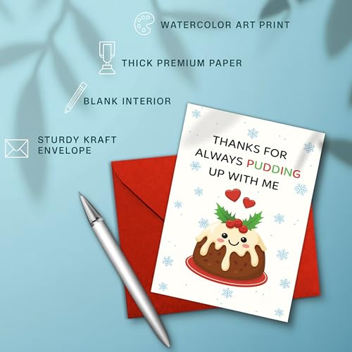Thanks For Pudding Up With Me Card Xmas18 Funny Food Pun Holiday Card