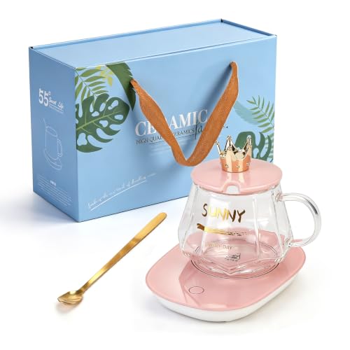 Pink Heated Mug Set with Glass Mug, Auto On/Off Coffee Warmer & Gift Box