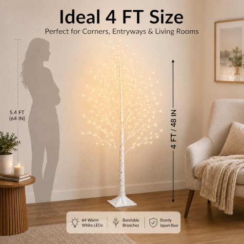 4ft Birch Tree with Lights - 64 LEDs, USB, 8 Lighting Modes, IP44