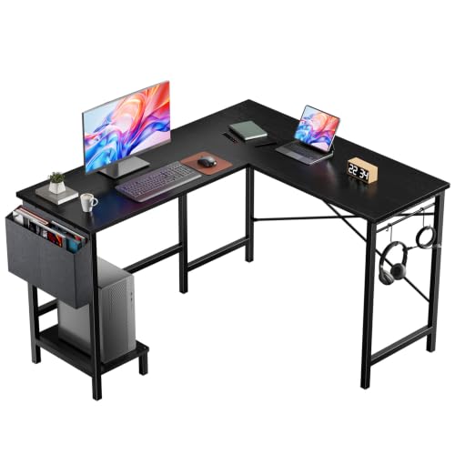 DUMOS L-Shaped Computer Desk with PC Stand - Reversible Corner Workstation, Black / 50-In