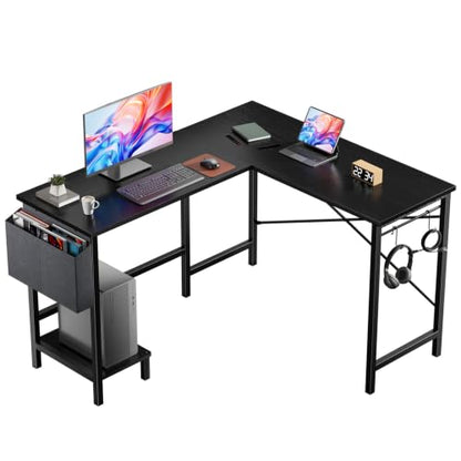 DUMOS L-Shaped Computer Desk with PC Stand - Reversible Corner Workstation, Black / 50-In