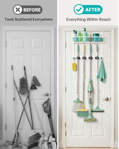 Over the Door Broom Organizer with Basket - No-Drill Wall Mount Storage