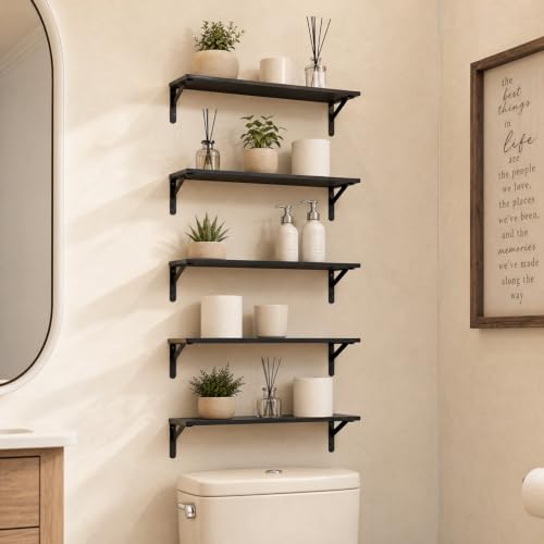 Floating Wall Shelves Set of 5 Black Rustic Wooden Storage Shelves