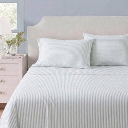 Queen Cotton Flannel Sheet Set with Deep Pocket Fitted & Pillowcases - Ticking Stripe Blue