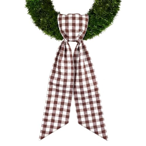 Brown White Plaid Christmas Wreath Sash - Front Door Ribbon - Variation C