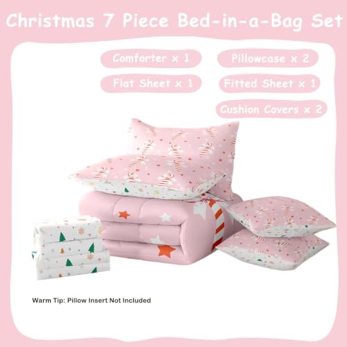 Feelyou Pink Christmas Girl Comforter Set with Sheets Full Size - Red, Pink & White Variation