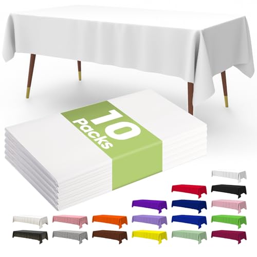 Pureegg Premium Disposable Table Cloth - 10 Pack, 54 x 108 Inch Table Cloths for Parties, Decorative Tablecloths for Rectangle Tables, White Plastic Table Cover, Leakproof & Sturdy, White