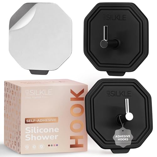 Black Silicone Shower Hooks 2-Pack - Waterproof Adhesive Towel Hooks for Bathroom