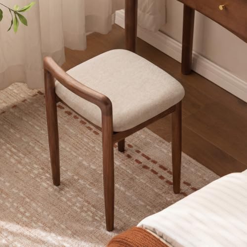 Vanity Stool Oak Wood with Walnut-White Finish — Solid Oak Home Vanity Chair, 14.29 W x 14.56 D x 20.67 H (Variation: Walnut-White)
