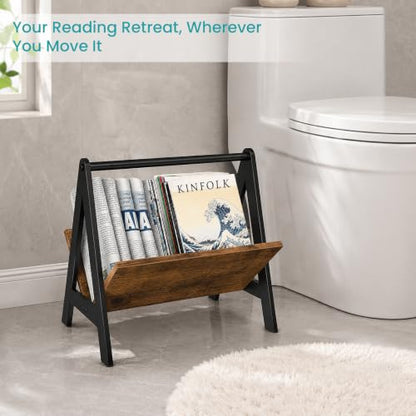 Wood Magazine Holder Floor Rack with Tilted Display and Anti-Slip Base