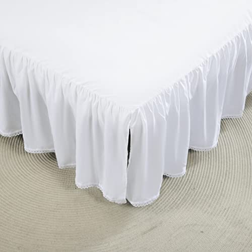 White Full Size Bed Skirt with Lace Edge and Split Corner, 14 Inch Drop