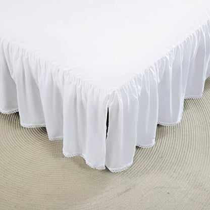 White Full Size Bed Skirt with Lace Edge and Split Corner, 14 Inch Drop