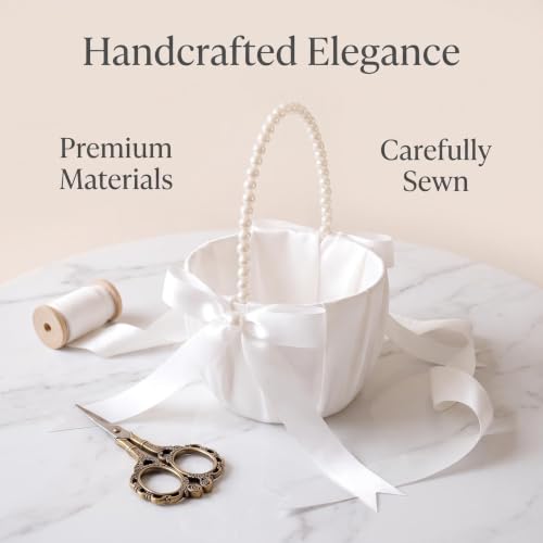 Flower Girl Basket for Weddings Ivory Pearl Bow Handcrafted Decorative Holder