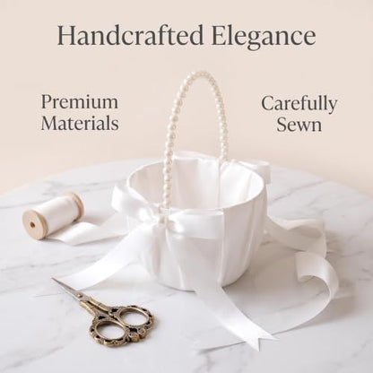 Flower Girl Basket for Weddings Ivory Pearl Bow Handcrafted Decorative Holder