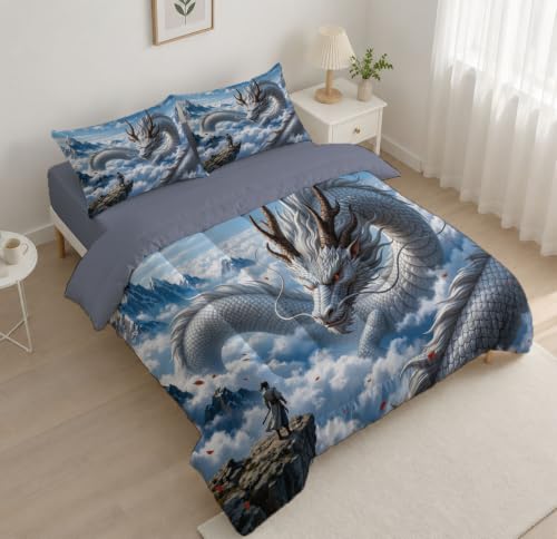 Full Sky Blue Quilt Set with Dragon Print 3 Pieces - All Season Bedding