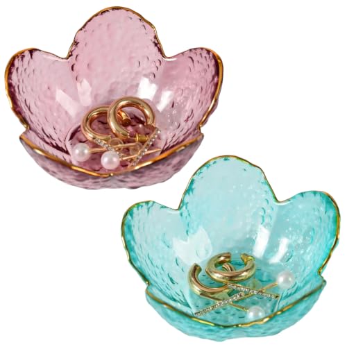 2 Pcs Flower Glass Jewelry Dish Set - Deep Pink & Deep Green Decorative Trinket Holders