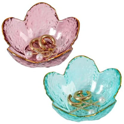 2 Pcs Flower Glass Jewelry Dish Set - Deep Pink & Deep Green Decorative Trinket Holders