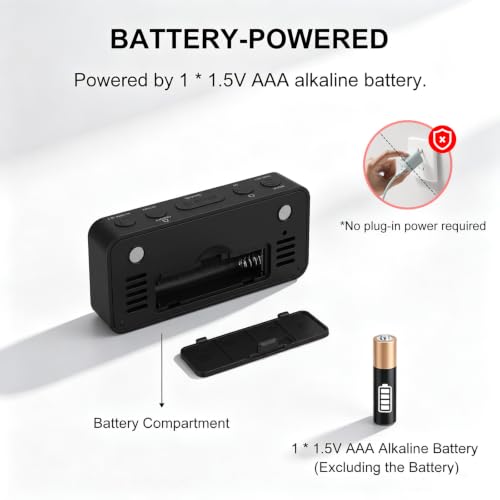 Mini Travel Alarm Clock Battery Operated with Magnetic Attraction - Black, 3.7 Inch
