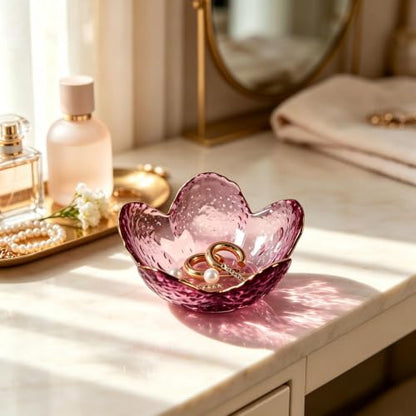 2 Pcs Flower Glass Jewelry Dish Set - Deep Pink & Deep Green Decorative Trinket Holders