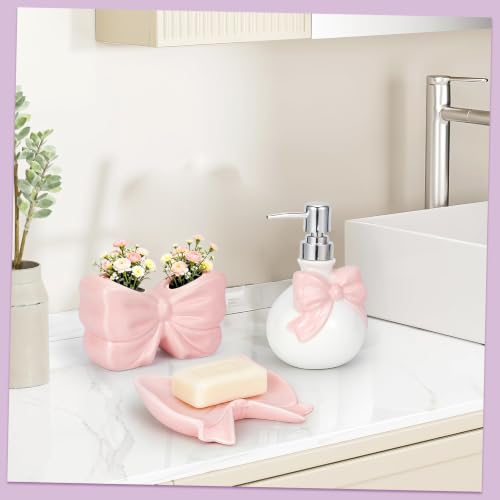 Pink Ceramic Bathroom Accessories Set with Bow - Soap Dispenser Toothbrush Holder & Soap Dish