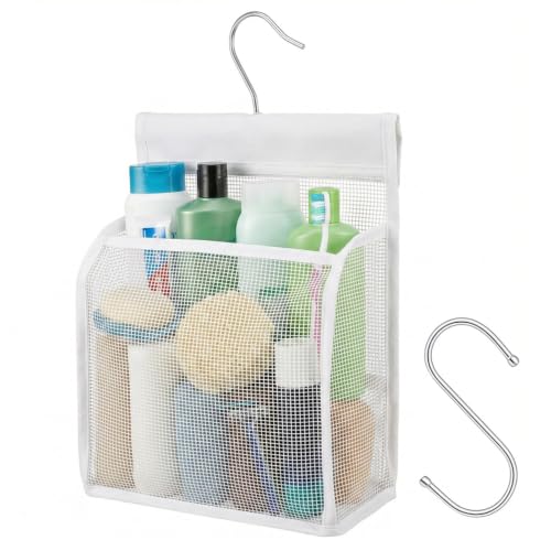 Mesh Shower Caddy Hanging Organizer with Hooks, White Bathroom Storage