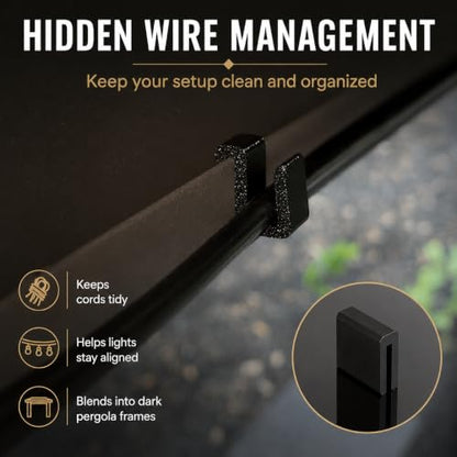 Outdoor String Light Clips for Pergolas - No Drill Wire Management Hooks, Black, 30 Pack