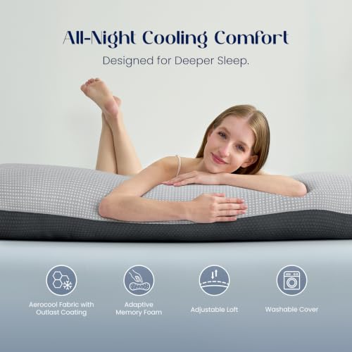Dream Valley Full Body Pillow for Adults - Dark Grey, Adjustable Loft, Cooling Technology, Memory Foam, 20 x 54 in