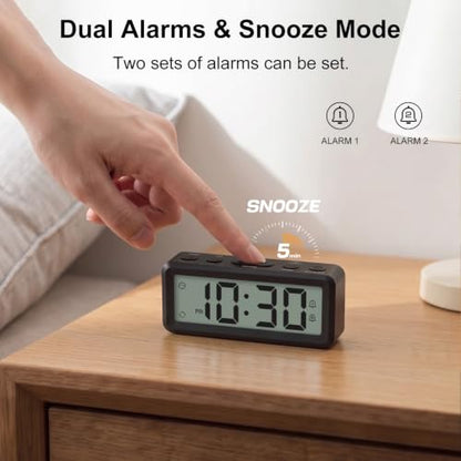 Mini Travel Alarm Clock Battery Operated with Magnetic Attraction - Black, 3.7 Inch
