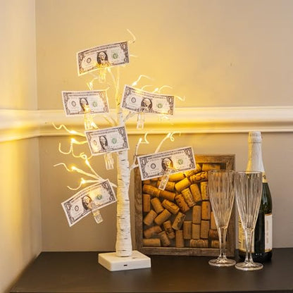 Lighted Money Tree Gift Holder with USB & Timer - 2FT Birch Tree for Holiday Decor