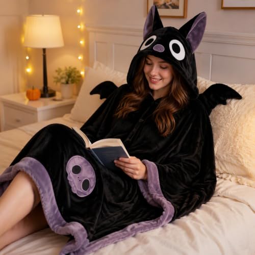 Halloween Bat Blanket Hoodie for Adults Kids Oversized Sherpa Wearable Throw