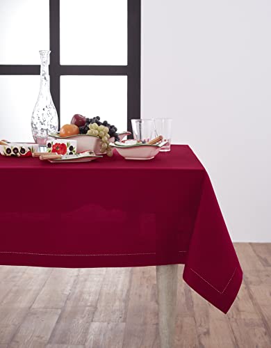 Cotton Linen Tablecloth Red 58 x 132 Inches Hemstitch Handcrafted