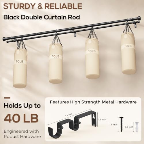 Heavy Duty Double Curtain Rod 36-76 Inch Black - Metal Support, Adjustable
