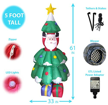 Animated Lighted Christmas Inflatable Santa Claus Rising from Tree - Outdoor Holiday Decor