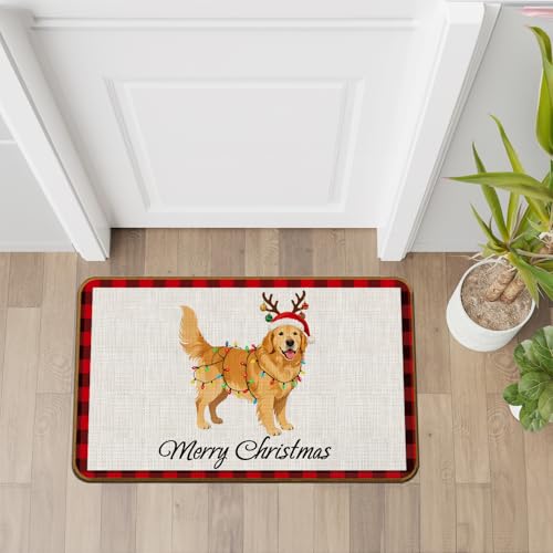 Golden Retriever Christmas Door Mat - Non-Slip Welcome Mat for Front Door - 17x30 Inch - Red and Black Plaid - Variation: Golden Retriever-1