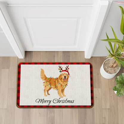 Golden Retriever Christmas Door Mat - Non-Slip Welcome Mat for Front Door - 17x30 Inch - Red and Black Plaid - Variation: Golden Retriever-1