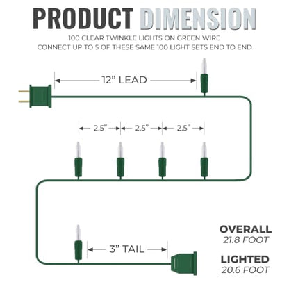 Vermont 612 Clear Incandescent Christmas Twinkle Lights on Green Wire - 100 LEDs