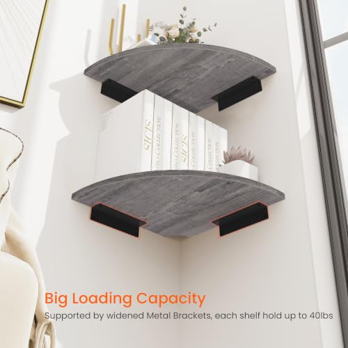 Grey Round Corner Wall Mount Floating Shelves Set of 2 - Rustic & Durable