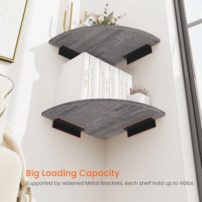 Grey Round Corner Wall Mount Floating Shelves Set of 2 - Rustic & Durable
