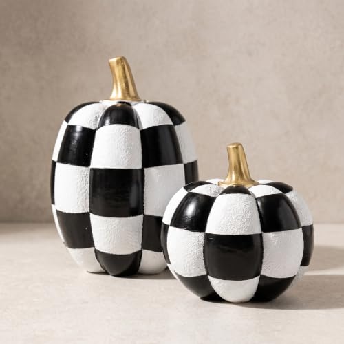 Black and White Checkered Pumpkins with Gold Stem Set of 2 Halloween Decor